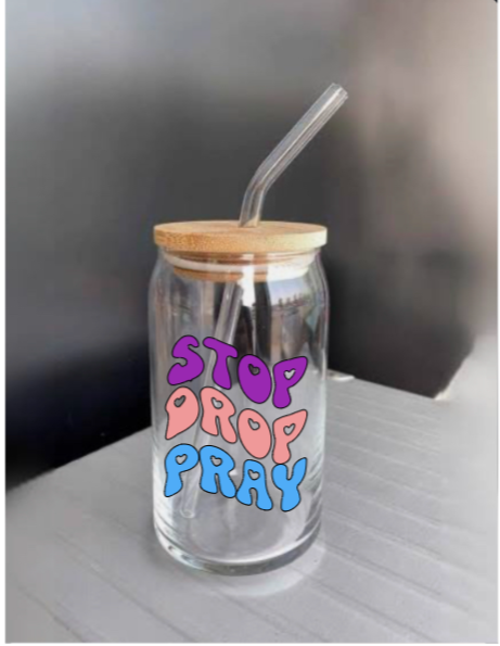 Stop Drop Pray Glass Tumbler